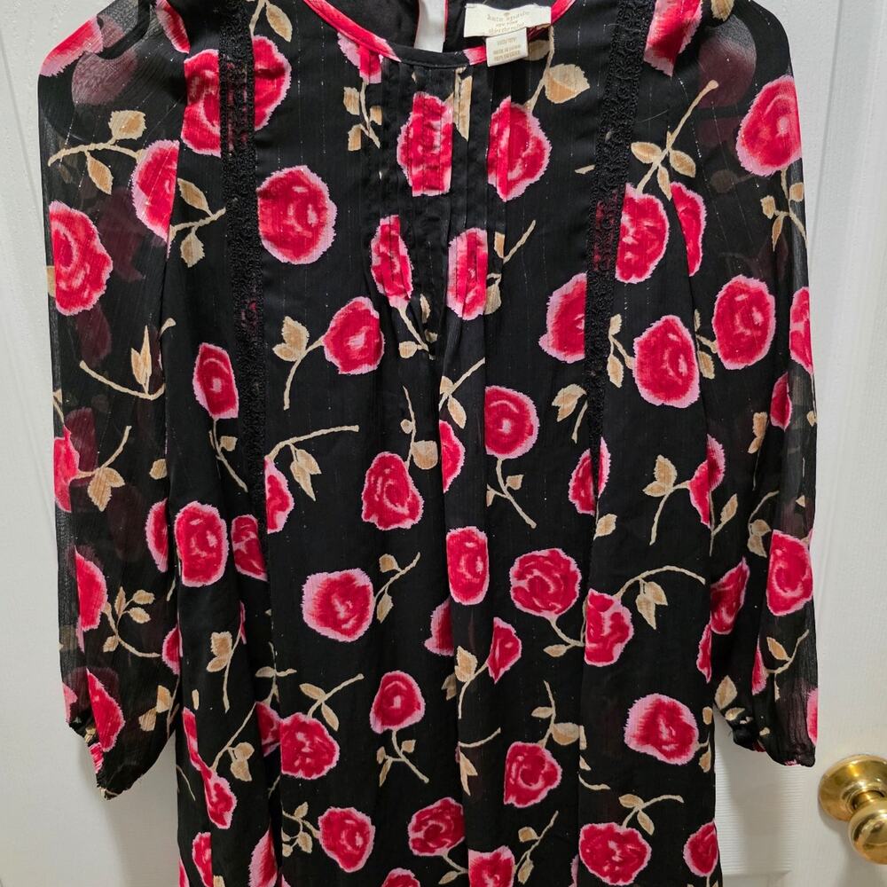 Kate Spade Girls Rose Print Tunic Blouse Black Sheer 10Y